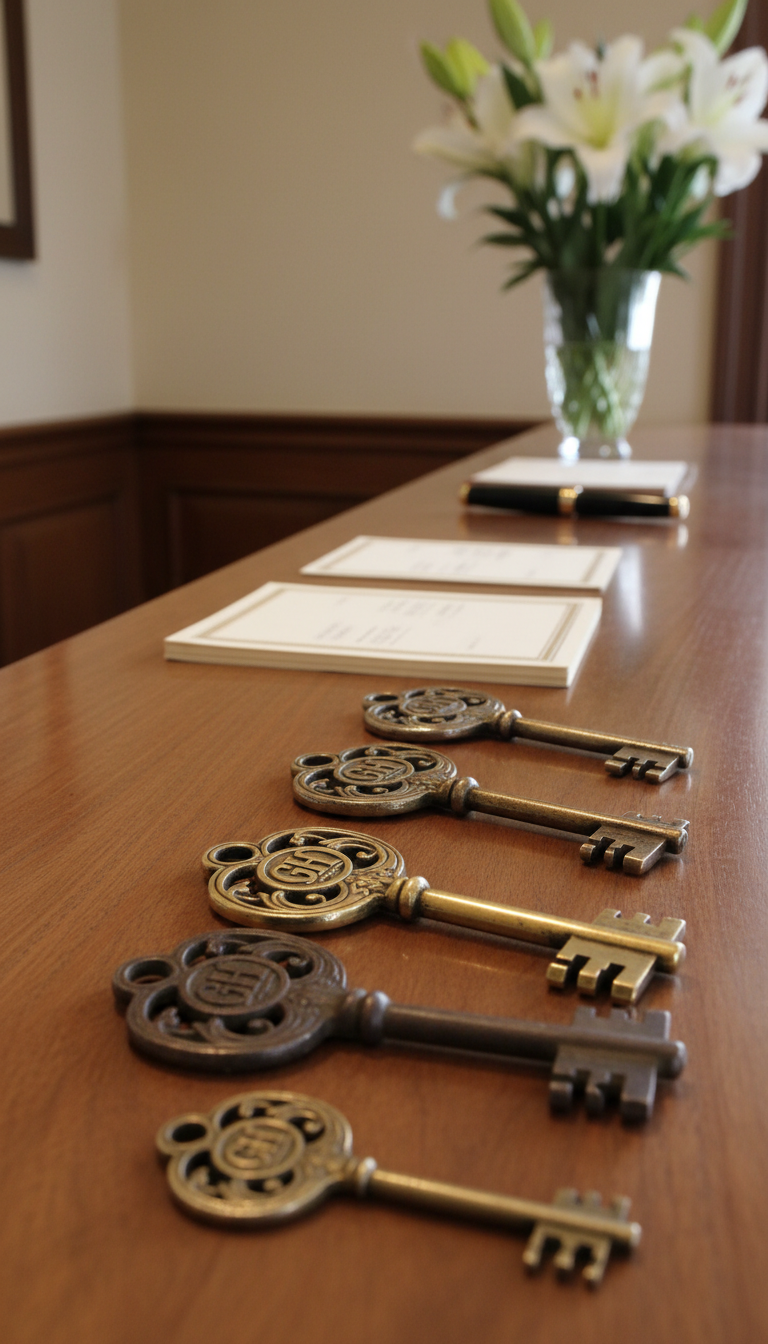 A detailed, close-up view of an opulent set of antique skeleton room keys resting atop a polished walnut hotel check-in counter. The key fobs are engraved with the hotel’s bespoke logo and subtle art-nouveau flourishes, catching soft direct overhead lighting that produces a gentle gleam and delicate contour shadows. Behind, a blurred backdrop reveals hints of immaculate reception stationery and a vase of fresh white lilies. Captured from a shallow depth of field at an eye-level perspective, the ambiance is historic, secure, and trustworthy—conveying reliability and tradition ideal for a classic hotel reservation context. The image adopts a sharp, photo-realistic style with a modern, minimalistic edge.
