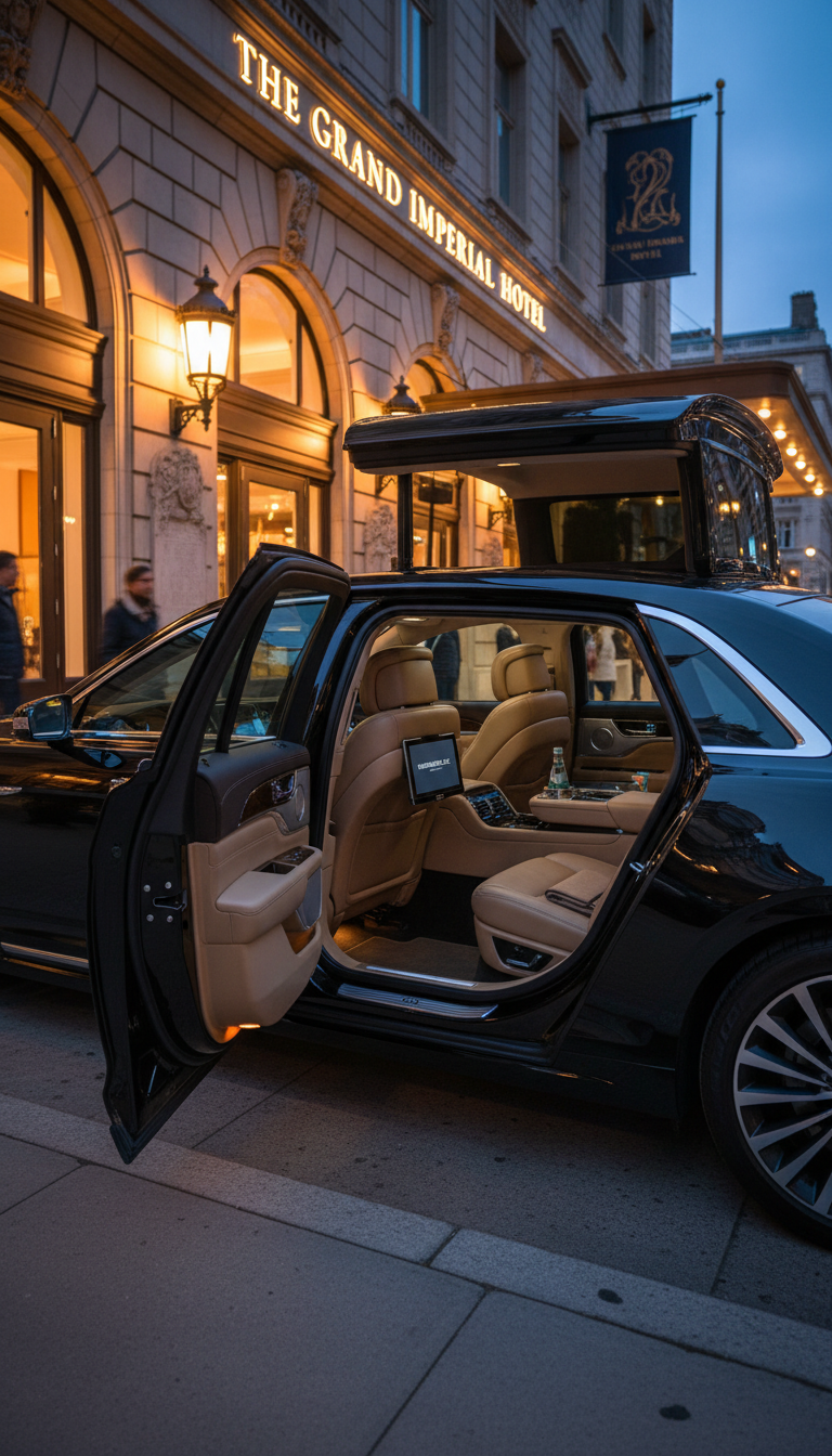 A luxurious, black executive sedan with immaculate, glossy paint finish and understated chrome trim, waiting curbside outside an elegant city hotel. The vehicle’s doors are open, revealing spotless leather interior and thoughtfully arranged amenities. Ambient street lights and illuminated hotel signage blend with the soft glow of twilight, producing luminous reflections on the car’s surface. The camera angle is low and slightly diagonal, capturing both the vehicle and architectural elements of the hotel. The atmosphere is polished and professional, projecting comfort and sophistication—ideal for showcasing premium chauffeured vehicle reservation services in an urban tourism context. The artistic style is vivid and realistic, clean and modern.