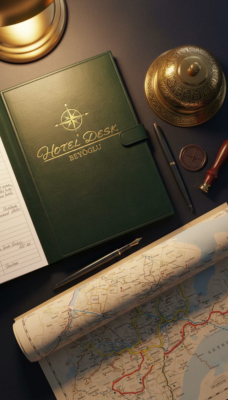 A travel reservation desktop scene meticulously organized with a branded, leather-bound hotel reservation ledger, an antique brass desk bell with intricate designs, and a map of Beyoglu marked with highlighted routes. The setting is illuminated by soft, ambient table lamp lighting that creates warm shadows and a cozy, focused environment. Framed with a balanced, top-down composition, the color palette is rich with deep greens, golds, and navy hues. The mood is organized and inviting, signaling the professionalism and attention to detail visitors can expect from the reservation service. Styled with a blend of modern clarity and timeless travel nostalgia, reinforcing expertise and trustworthiness.
