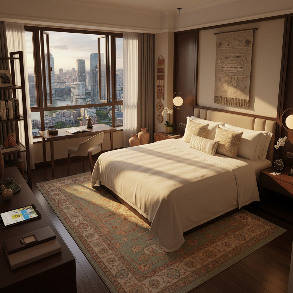 A meticulously detailed hotel suite with crisp ivory linens on a plush, king-sized bed, complimented by dark wood furniture and a soft Persian rug in muted earth tones. The room’s large bay windows overlook a vibrant cityscape and are partially open to allow golden hour sunlight to stream in, gently illuminating the space and casting long, elegant shadows. Decorative accent pillows and a sleek workspace add to the scene’s inviting character. Shot from a slightly elevated angle, the image features a harmonious, balanced composition—with an atmosphere that is serene, orderly, and inspiring trust for guests booking accommodations. Artistic style is clean and modern with subtle touches of local charm.